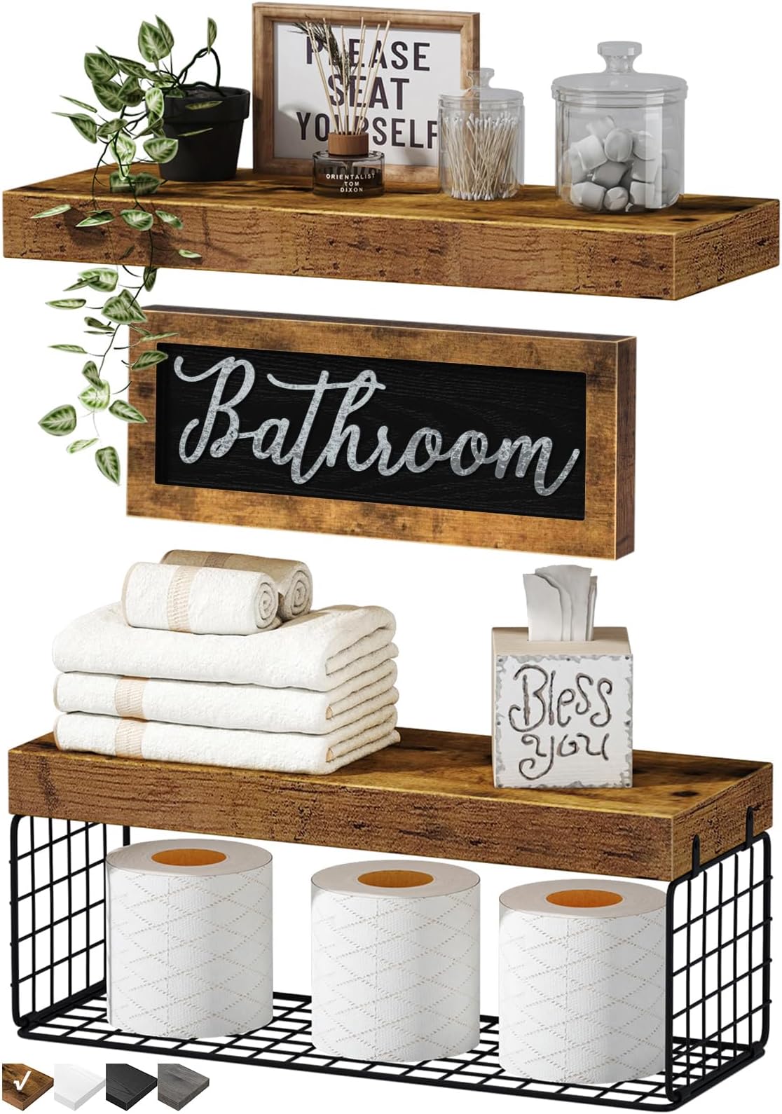 QEEIG ‎Bathroom Shelves Over Toilet - Paper Storage Wall Mounted Farmhouse Decor Decorations Aesthetic Décor Sign Small Floating Shelf 2+1 Set 16 inch, Rustic Brown (020BN)