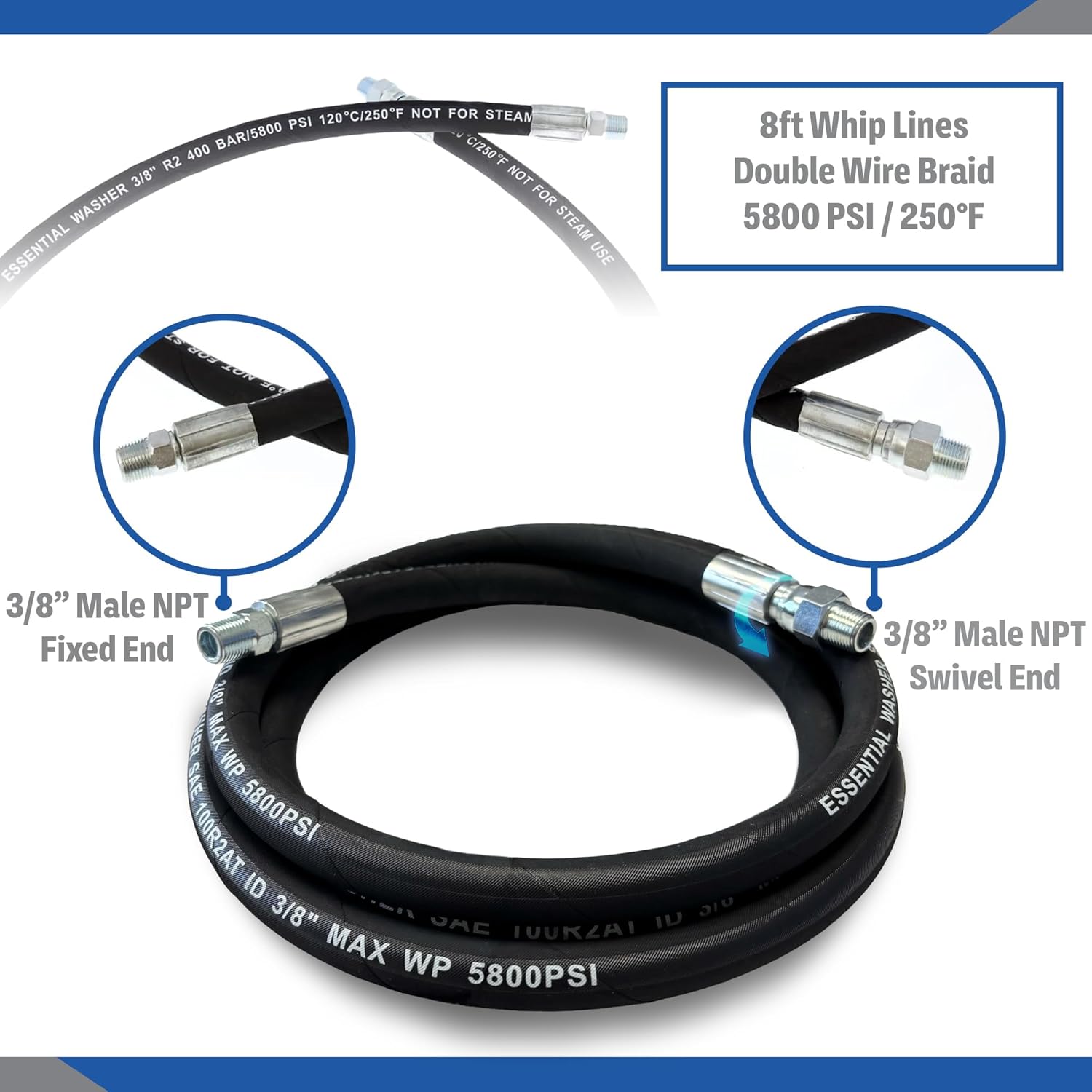Essential Washer Pressure Washer Hose Whip | 5800 PSI | Heavy Duty High Pressure Water Hose with 3/8" Male NPT Fixed and Swivel Ends (8 Feet)