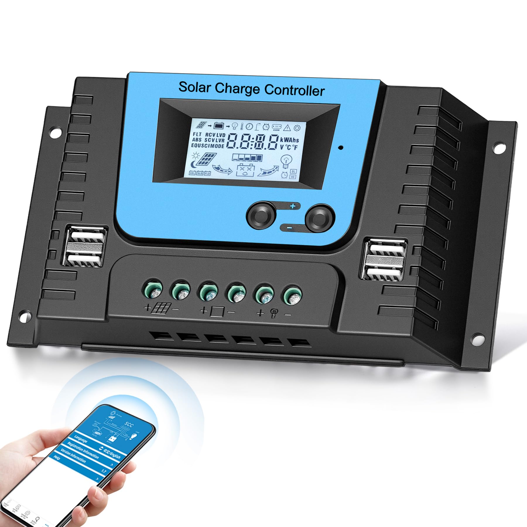 20A Solar Laderegler Mit Bluetooth, PWM 20A Solarladeregler 12V 24V mit Temperatursensor LCD Anzeige und 4 USB Ports,Geeignet Lithium, Blei-Säure, Gel-Batterie