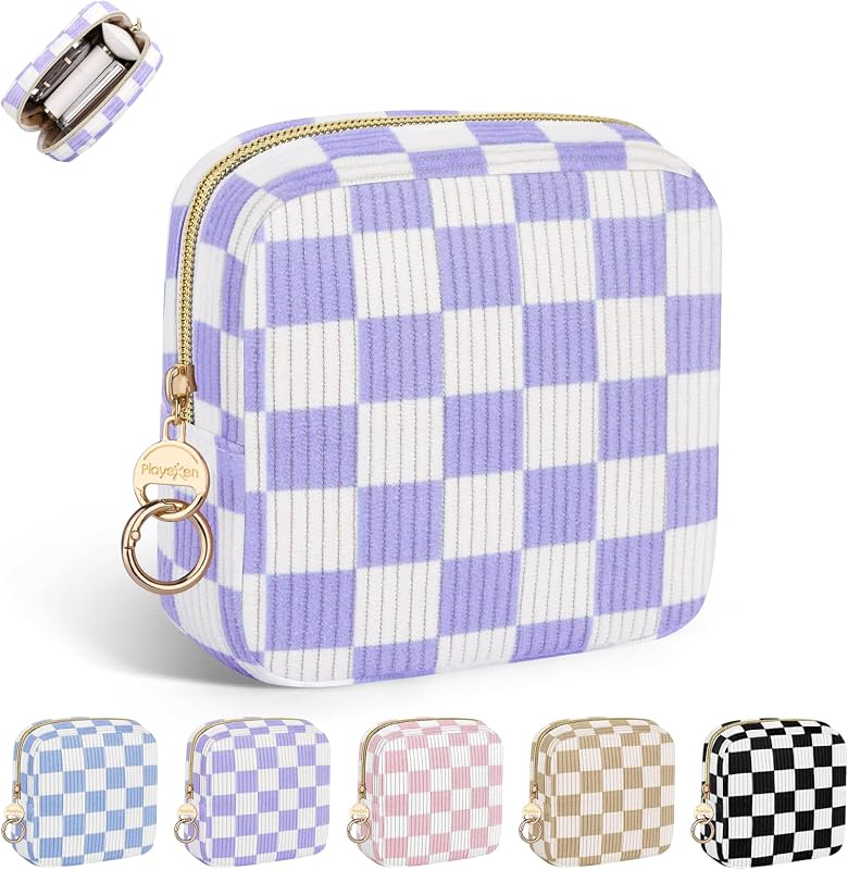 Necessaire pequena de maquiagem Playexen em veludo cotelê, roxo xadrez