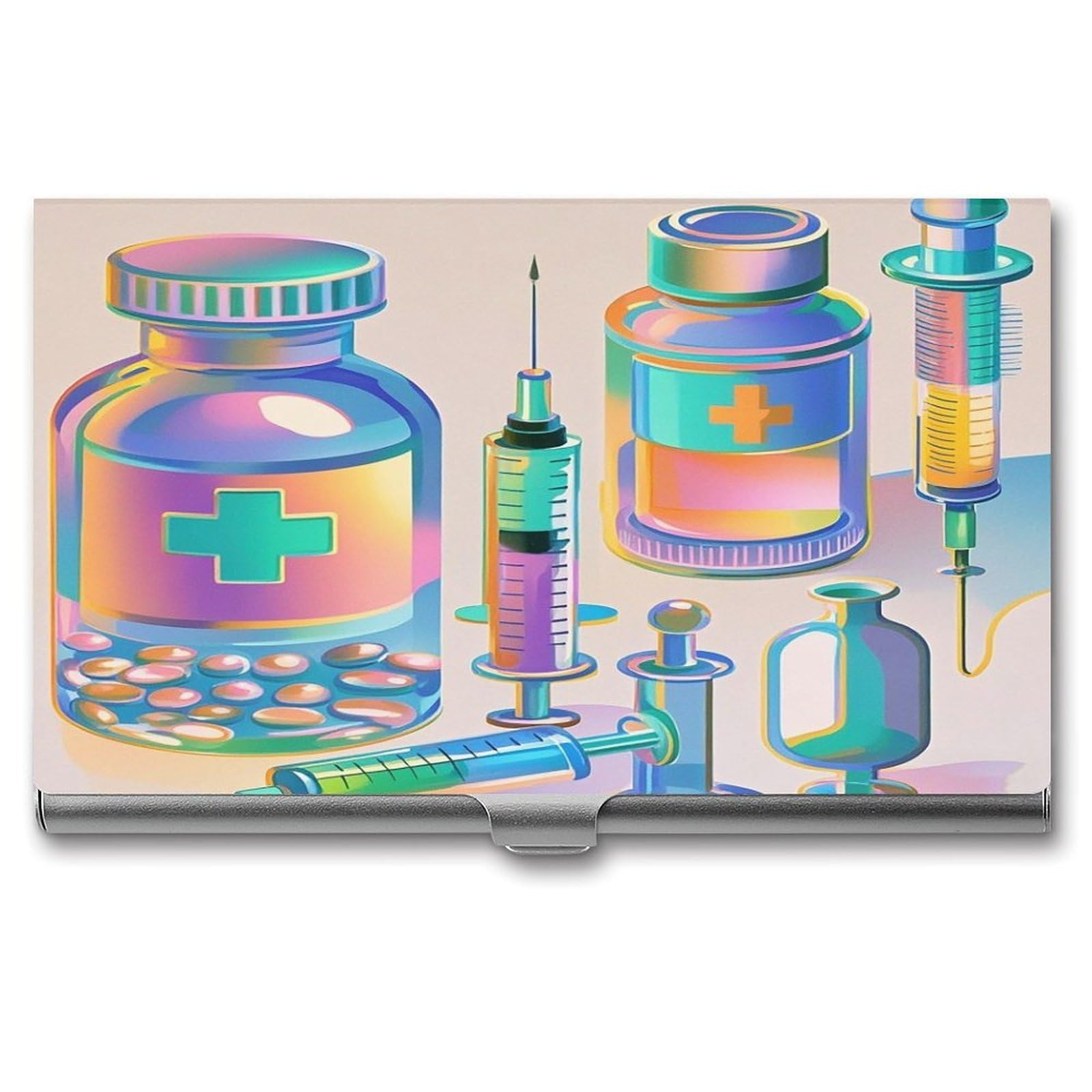 FekiLoot Gradient Medical Items Pattern Business Card Holder Aluminum Alloy Business Card Case Convenient to Carry Business Card Dispenser for Men Women