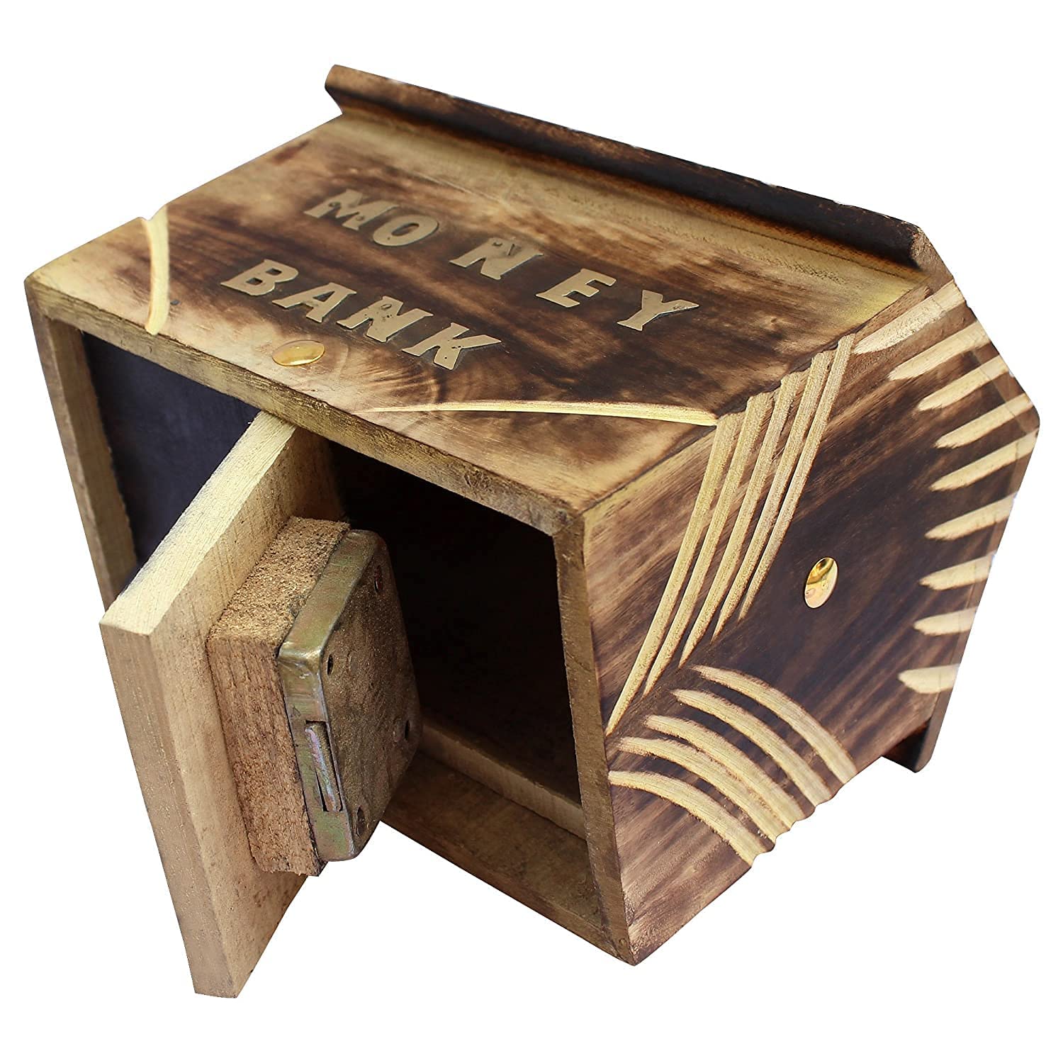 WOOD ART STORE Wooden Brown Money/Piggy Bank, Money Box, Coin Box for Kids/Children with Lock (Design 4) 1