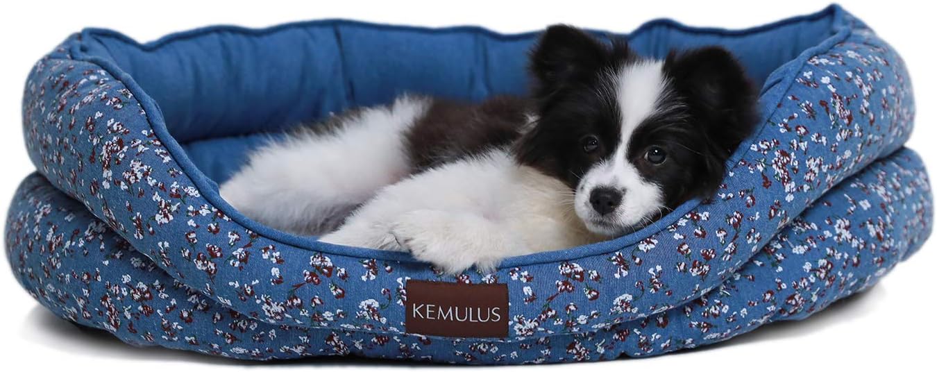 KEMULUS 27”x22” Padded Floral Bolster Dog Bed for Medium Dogs Round Orthopedic Sleeping Bed Anxiety Plush Bed for Cats and Dogs Cozy…