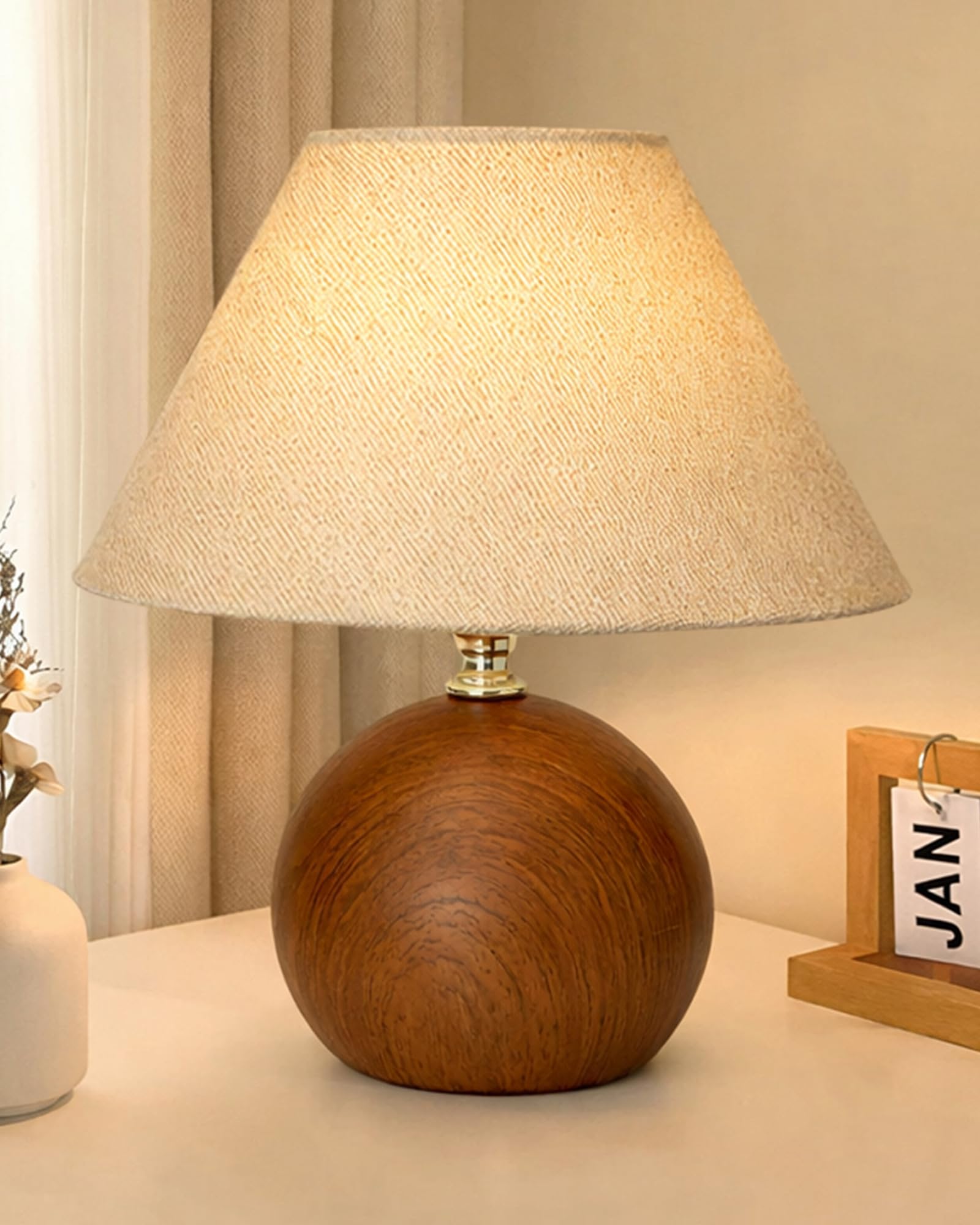 Homesake® Wood Grain Pattern Small Table Lamp, Desk Light, Bedroom Lamps for Nightstand, Scalloped Lamp Shade Table Lamps for Small Spaces for Bedroom, Living Room, Round, (Jute Cone)-picture-10
