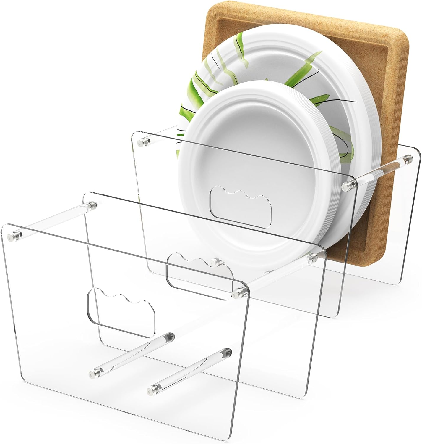 KALYLOC 2Pcs Disposable Paper Plate Dispenser for 5-12 Inches, Space-Saving Plastic Foam Acrylic Plate Dispensers Holder, Countertop Plates Storage Organizer for Cabinet, RV, Party or Outdoor