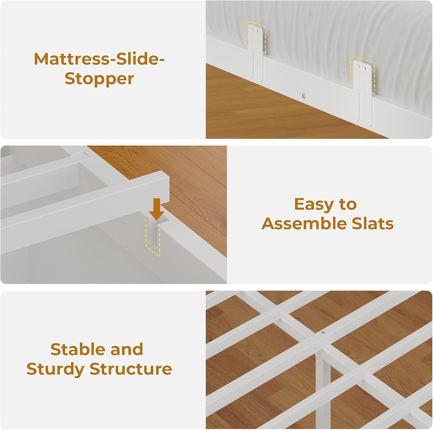 Close-up images detailing mattress-slide stoppers, easy-to-assemble slats with U-shaped grooves, and the stable metal structure of the bed frame.