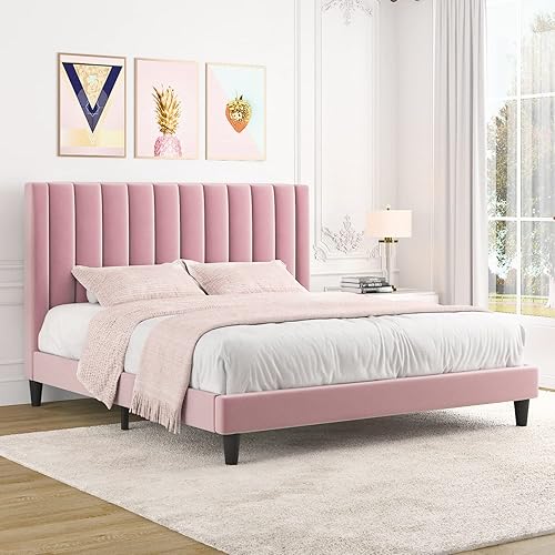 Miniatura 24 de Allewie - Base de cama tapizada en terciopelo, cabecera capitoné de canales verticales, listones de madera reforzados, opción de somier, fácil de