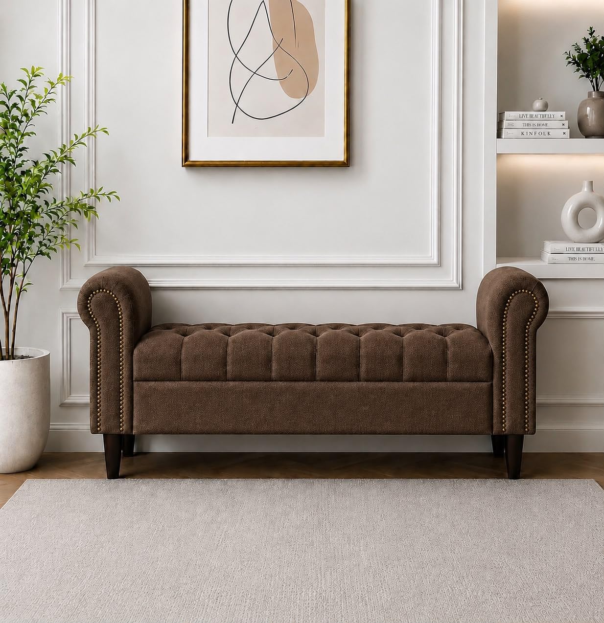 Teak Wood Upholstered Storage Bench with Armrest Bench Ottoman Pouffe Puffy Settee 2 Seater Sofa Footstool for Livingroom Bedroom Office Hotel (Brown)-image-20