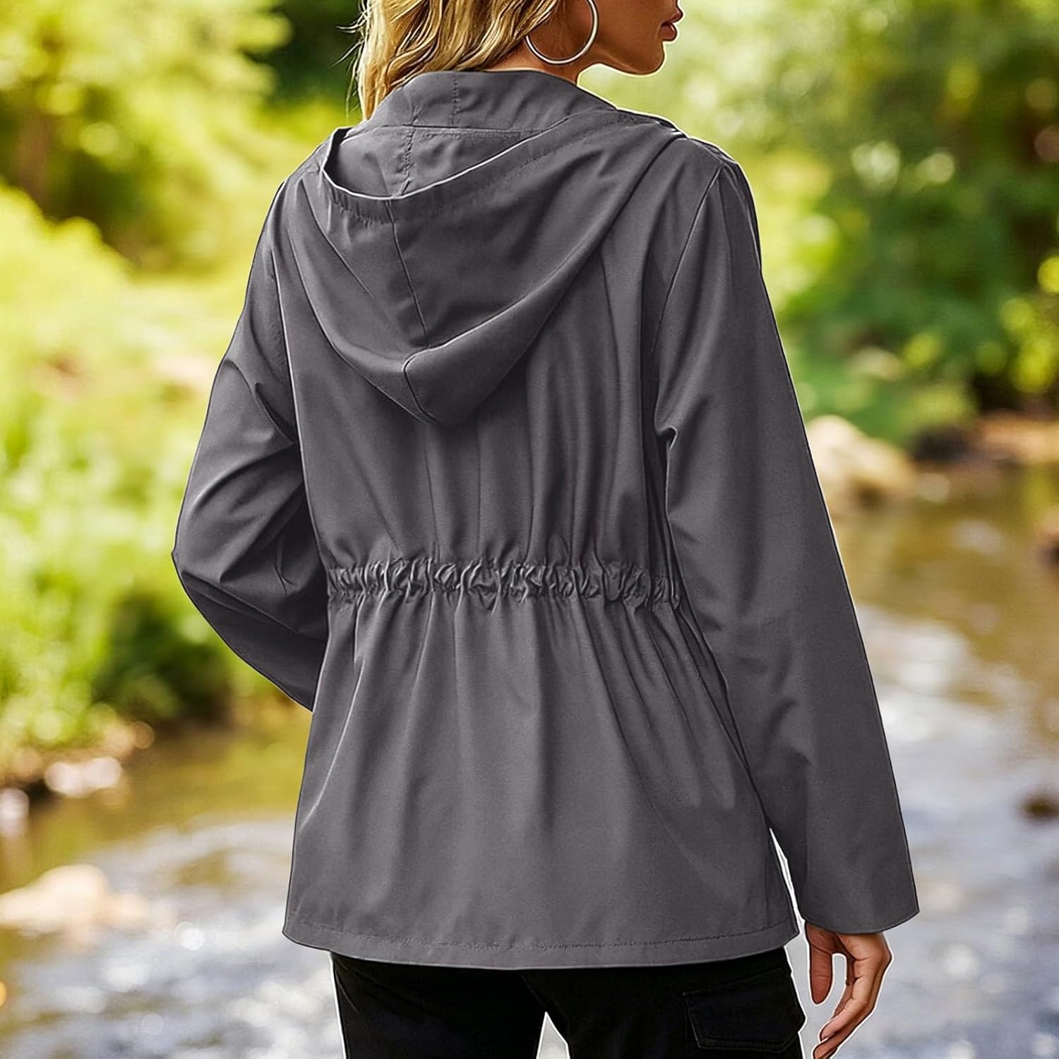 Lightweight Jacket for Women Casual Zip Up Anorak Utility Coat | Women's Waterproof Cargo Jacket with Drawstring Waist, Patch Pockets, Stand Collar, Long Sleeve for Fall Spring Travel Casual