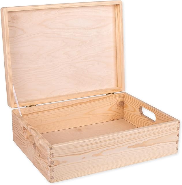 Unfinished Wood Box With Lid And Handles For Storage, Decoration, Organisation, Large Natural Wooden Craftsmanship, Rustic Home Decor, 40 x 30 x 14 cm.