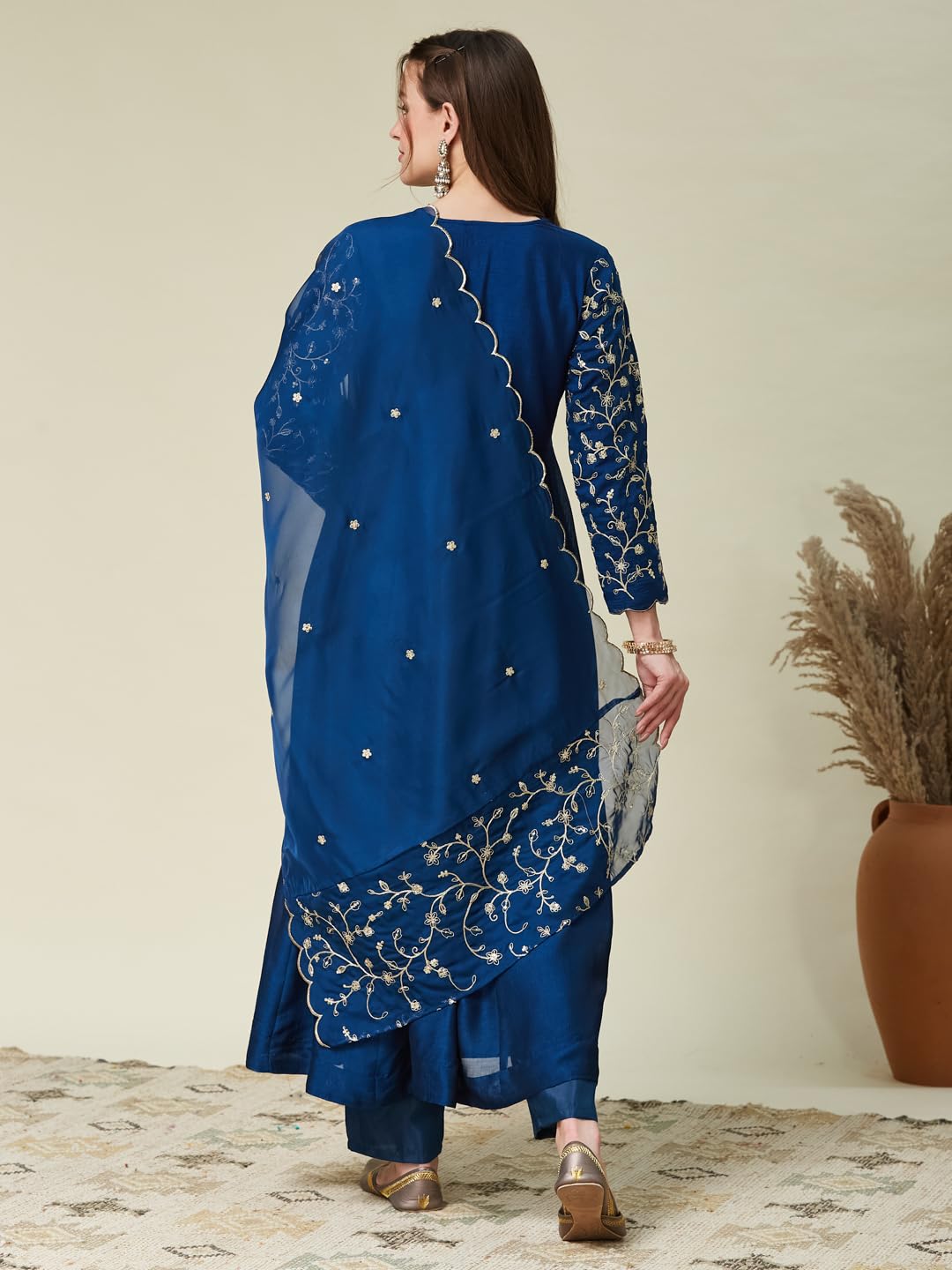 MOKOSH Women's Embroidered Teal Blue Anarkali and Pant with Dupatta Set-471-01-M - Image 2 thumbnail
