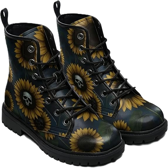 Women's Printed Combat Boots with Skull Flower Rose Floral Shoes Lace Up Platform Booties Fashion Punk Gothic Casual Comfortable Motorcycle Boots for Daily Travel Halloween Party