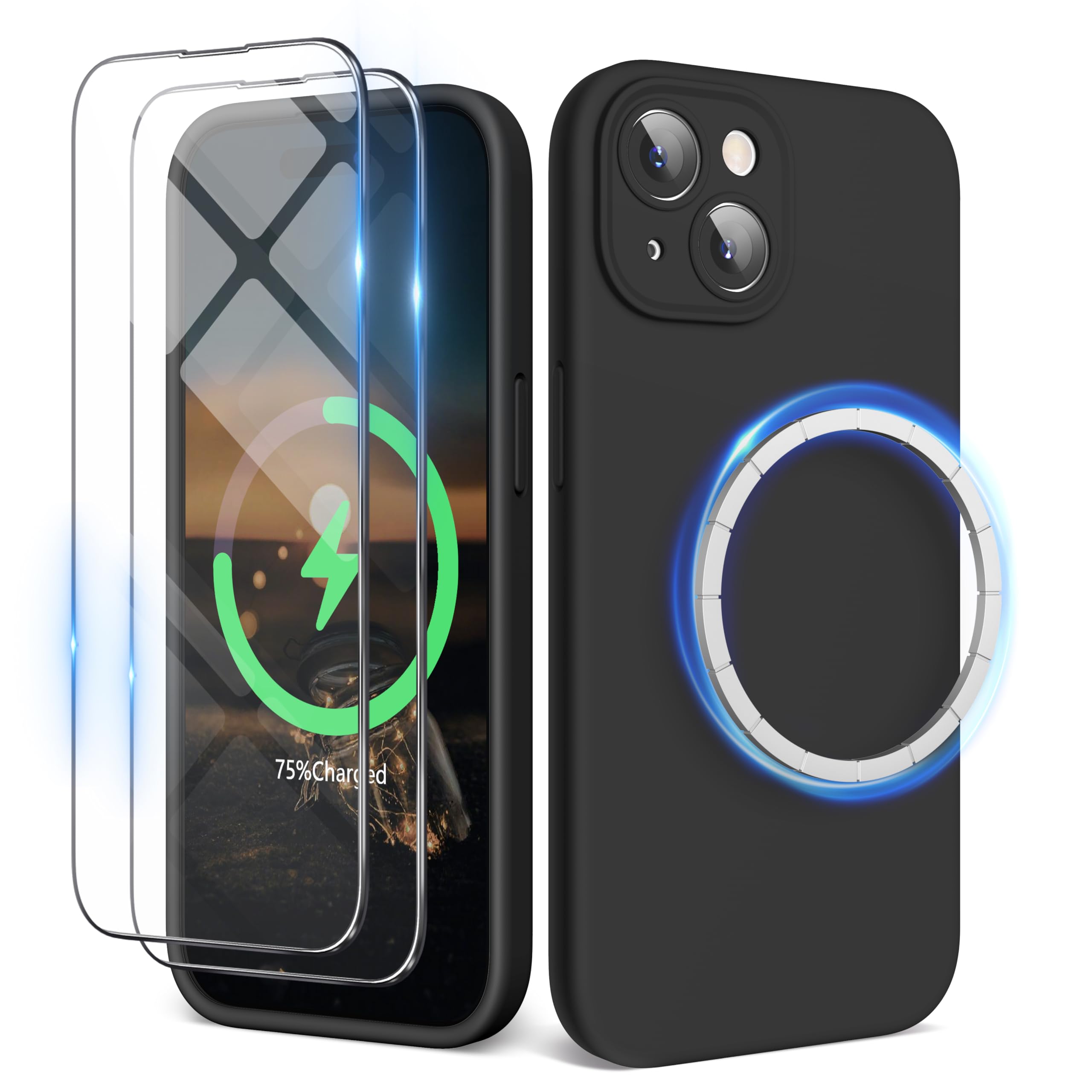 SURPHY Designed for iPhone 15 Case Compatible with MagSafe (6.1 inch 2023), with 2 Pack Screen Protector, Liquid Silicone Phone Case (Camera