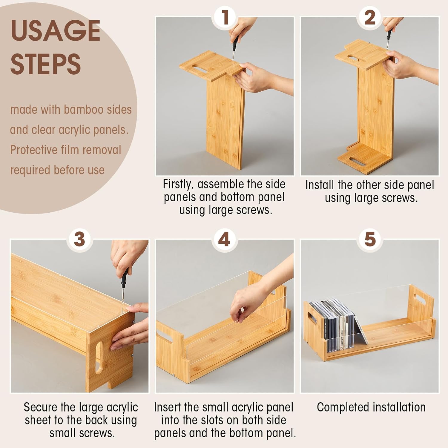 2 Set Wooden Cd Storage Box Display Holder Shelf Bamboo&acrylic Visible Racks with Carrying Handles, Cassette Tape Organizer Shelf for Movie Case, Store up to 60 Pcs Cds