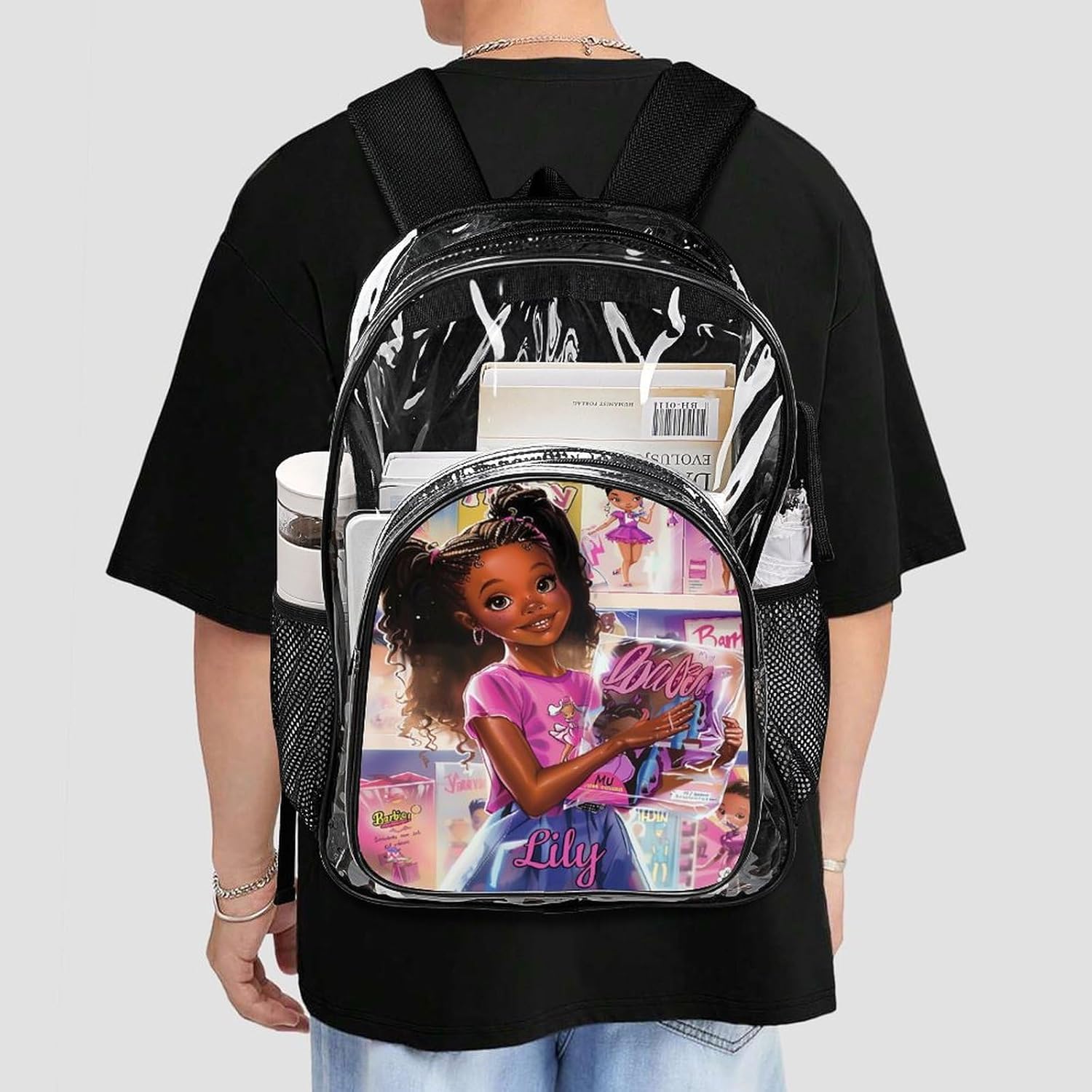 Personalized Clear Backpacks with Name, Custom Funny Girl PVC Transparent Backpacks with Reinforced Strap for Boys Girls Back to School Gifts