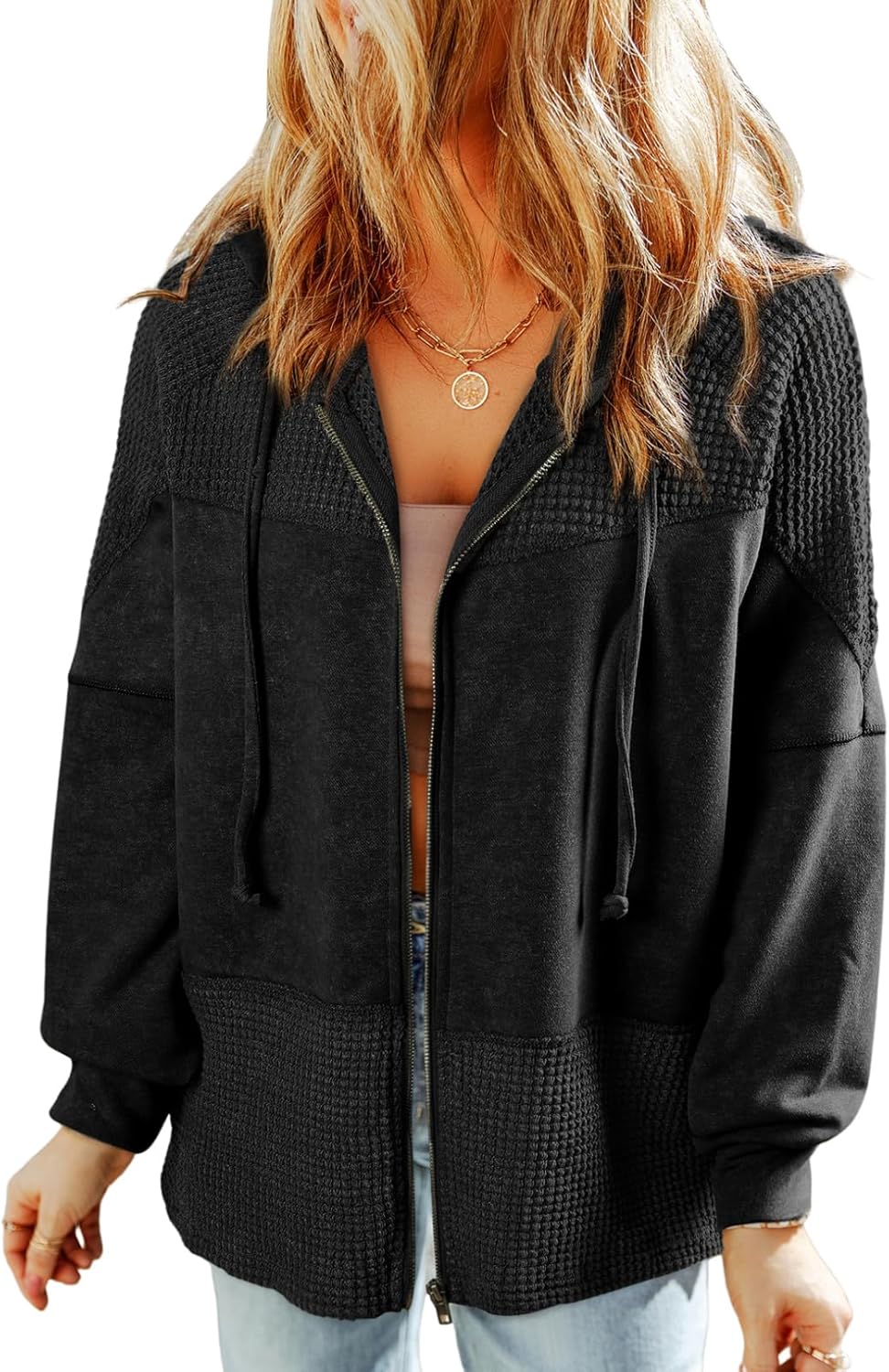 Dokotoo Waffle Knit Womens 2025 Hoodies for Drawstring Trendy Lightweight Jackets Fall Zip Up Tops Outfits