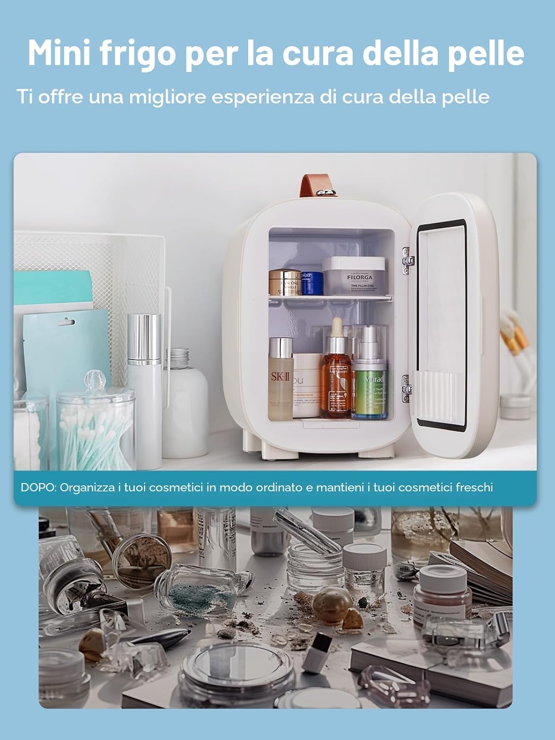 FOHERE 5L Mini Fridge interior showing capacity for multiple beverage cans, with and without the removable shelf.