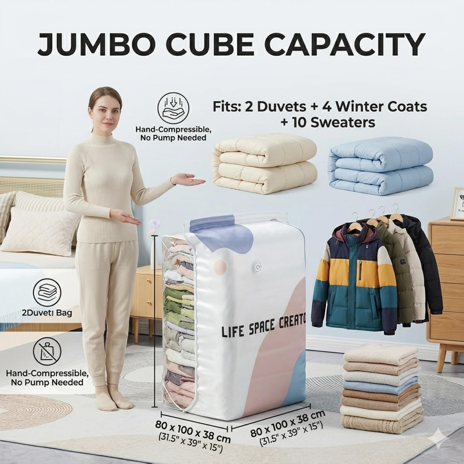Bolsas de vacío 3D sin bomba, bolsas de almacenamiento de compresión herméticas para ropa, bolsa de compresión resistente de gran capacidad para almacenamiento de ropa de cama, almacenamiento al vacío
