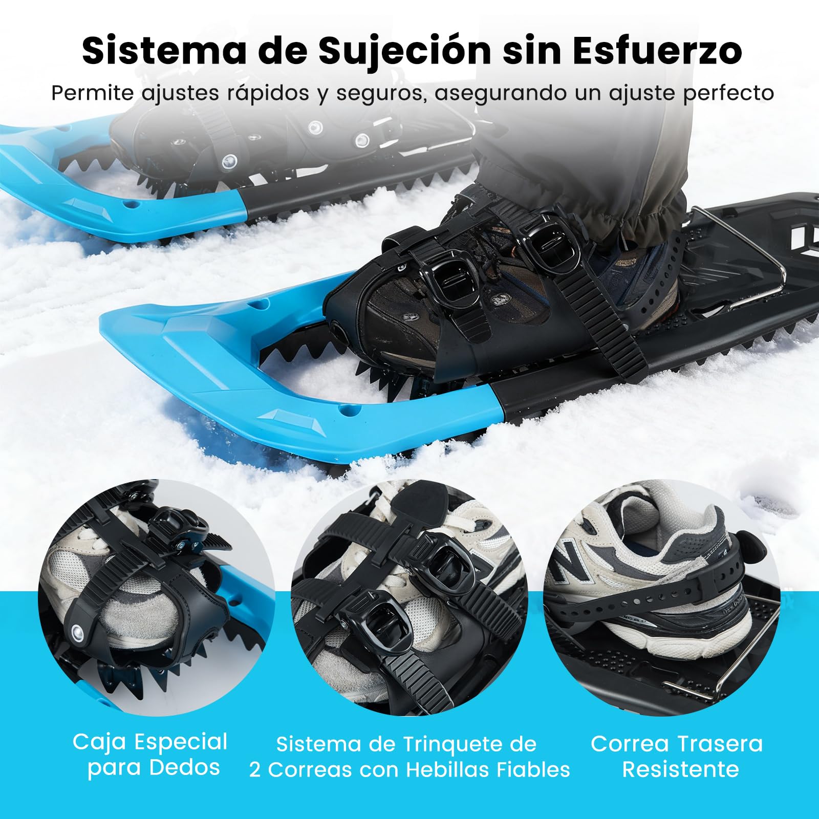 COSTWAY Juego de Raquetas Nieve Ligero de Alumnio de 62 cm y Bastones de Trekking para Unisex Adulto y Niño, Carga de 90 kg, con Cierres de Trinquete Ajustables, Puntera, Barra Pivote Flexible, Azul