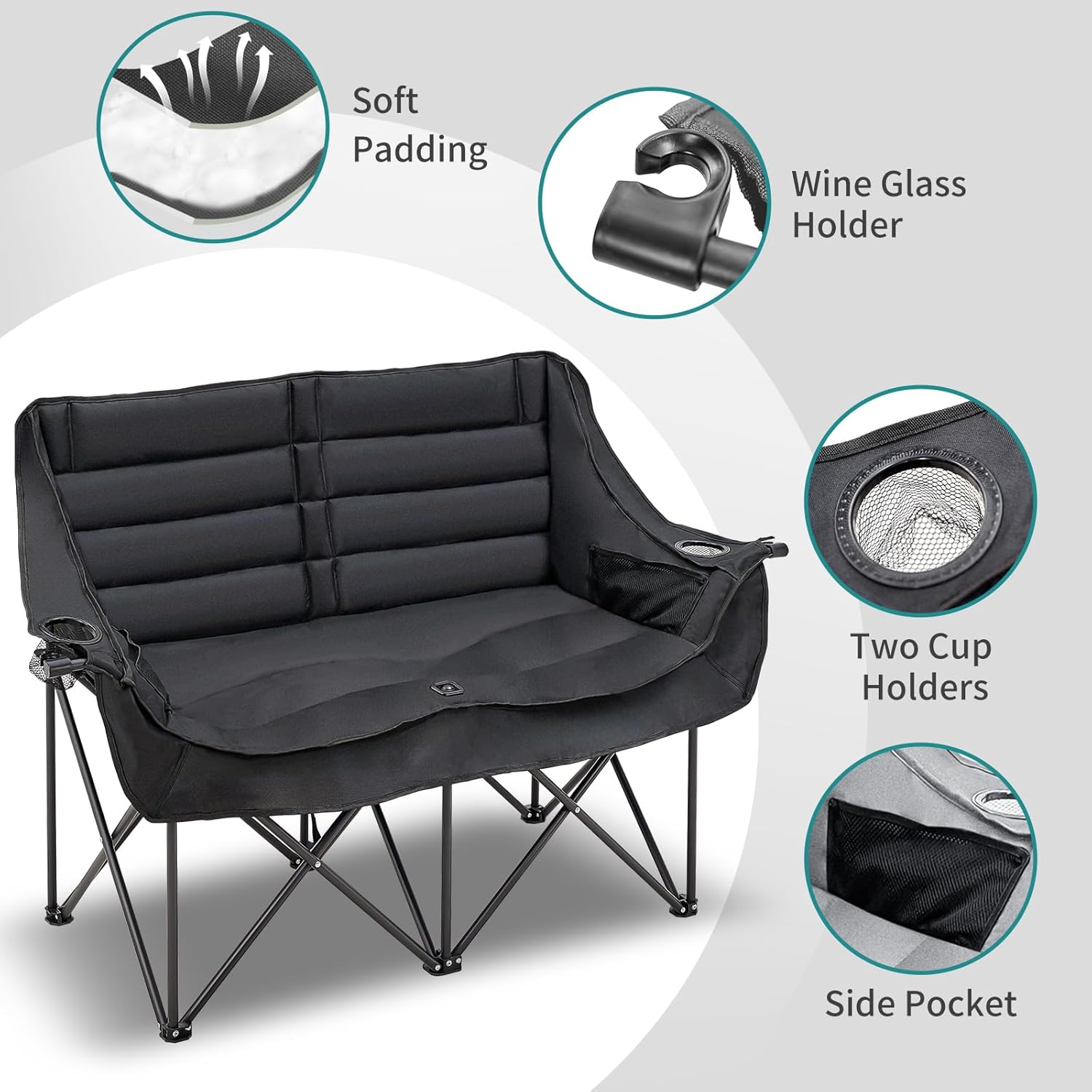 Slsy Oversized Double Camping Chair, Folding 2 Person Camping Chair Loveseat, Fully Padded Duo Chair Camping Couch, Fold Up Double Camp Chair, Lawn Chairs, Camping Bench with Carrying Bag