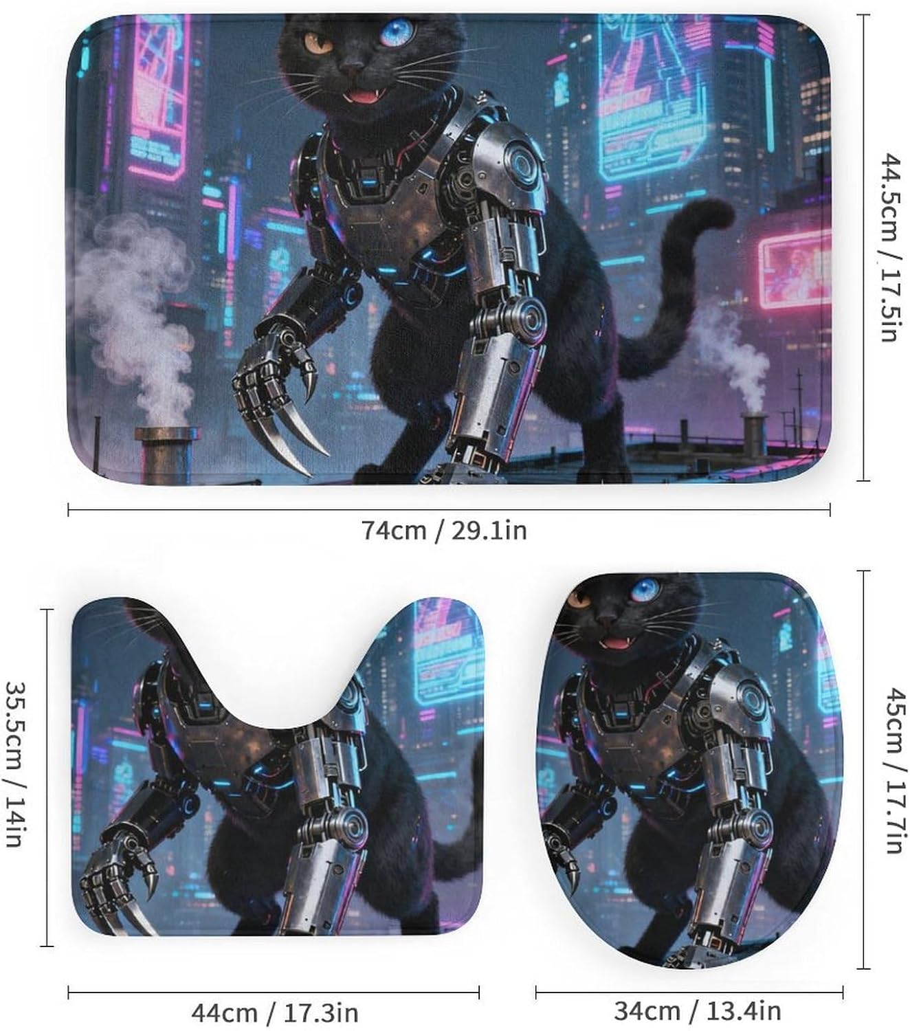 4 Piece Bathroom Rug Set with Shower Curtain, Non-Slip Bath Mat Toilet Cover Set, Mechanical Cat Bathroom Rug Sets