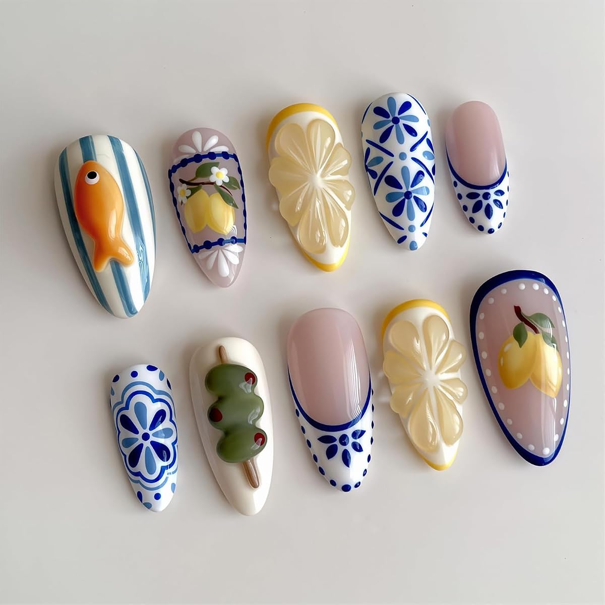 Mediterranean Lemon Fish Press on Nails Medium Almond, 24PCS Blue White Floral Fake Nails with 3D Lemon Slice & Olive Art, Summer Glossy Glue on Nails Reusable Acrylic Stick on Nails for Women