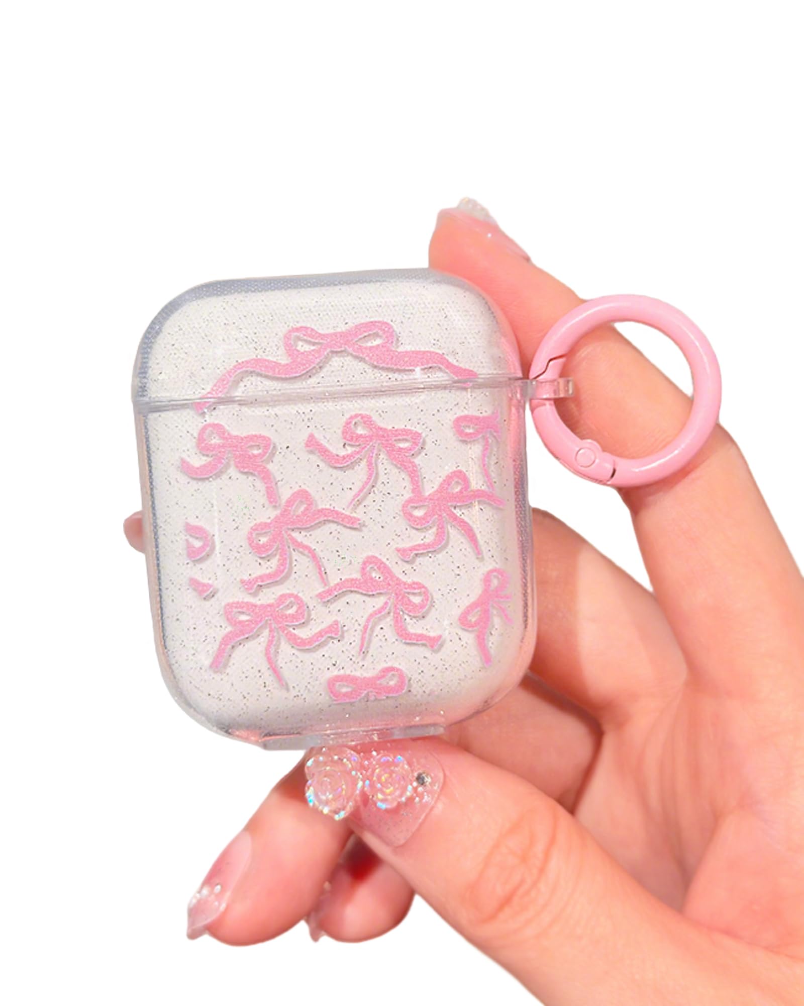 Srddty Compatible with AirPods Case Cute Clear Glitter, Shockproof Soft TPU Protective Airpod Case Cover for Girls Women with Keychain Designed for AirPods 1st & 2nd Generation, Pink Bow