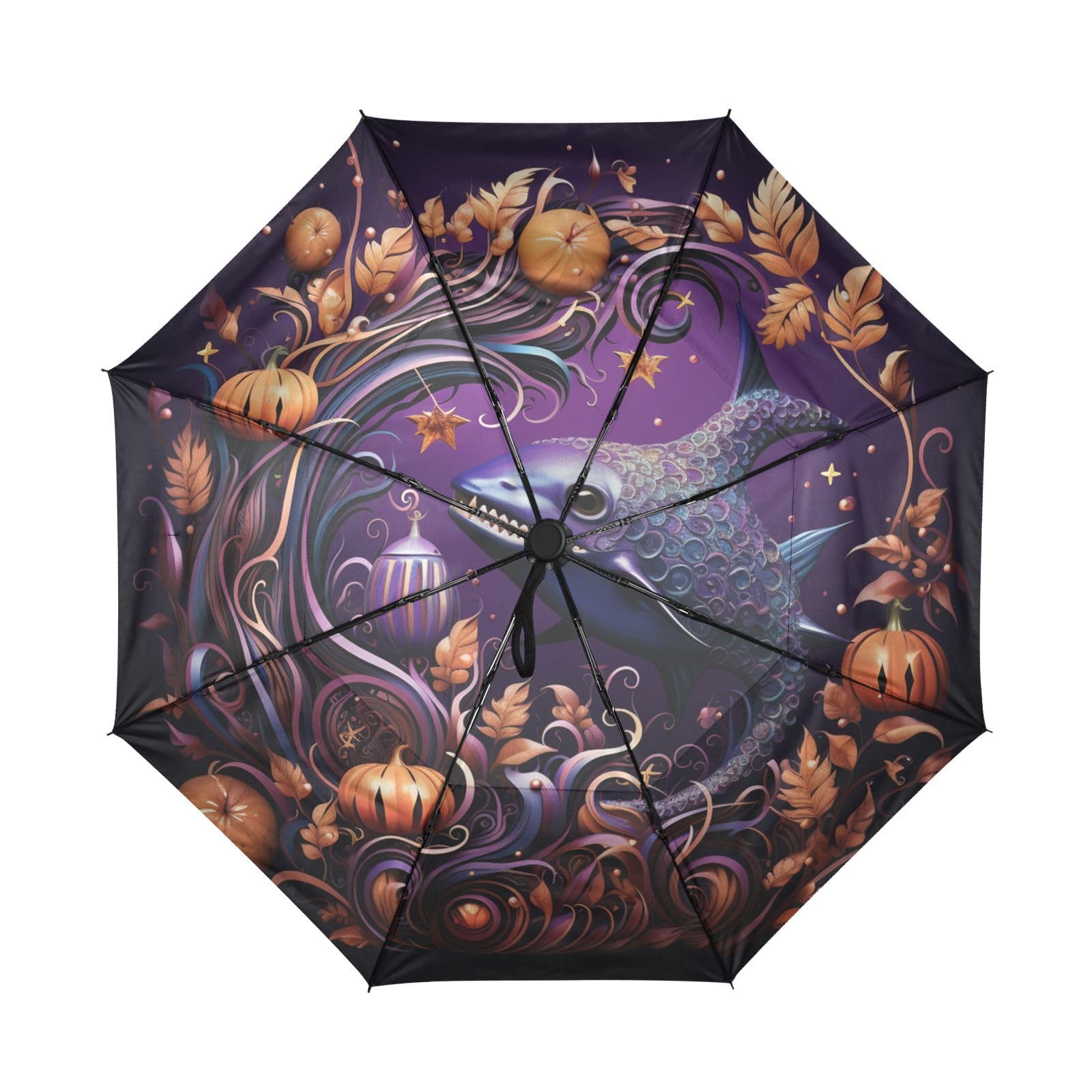 Peces Monstruo De Halloween Paraguas de Viaje Resistente al Viento Apertura Cierre AutomáTicos,Compacto con ProteccióN Solar UPF 50+ Ideal para JóVenes Chicas