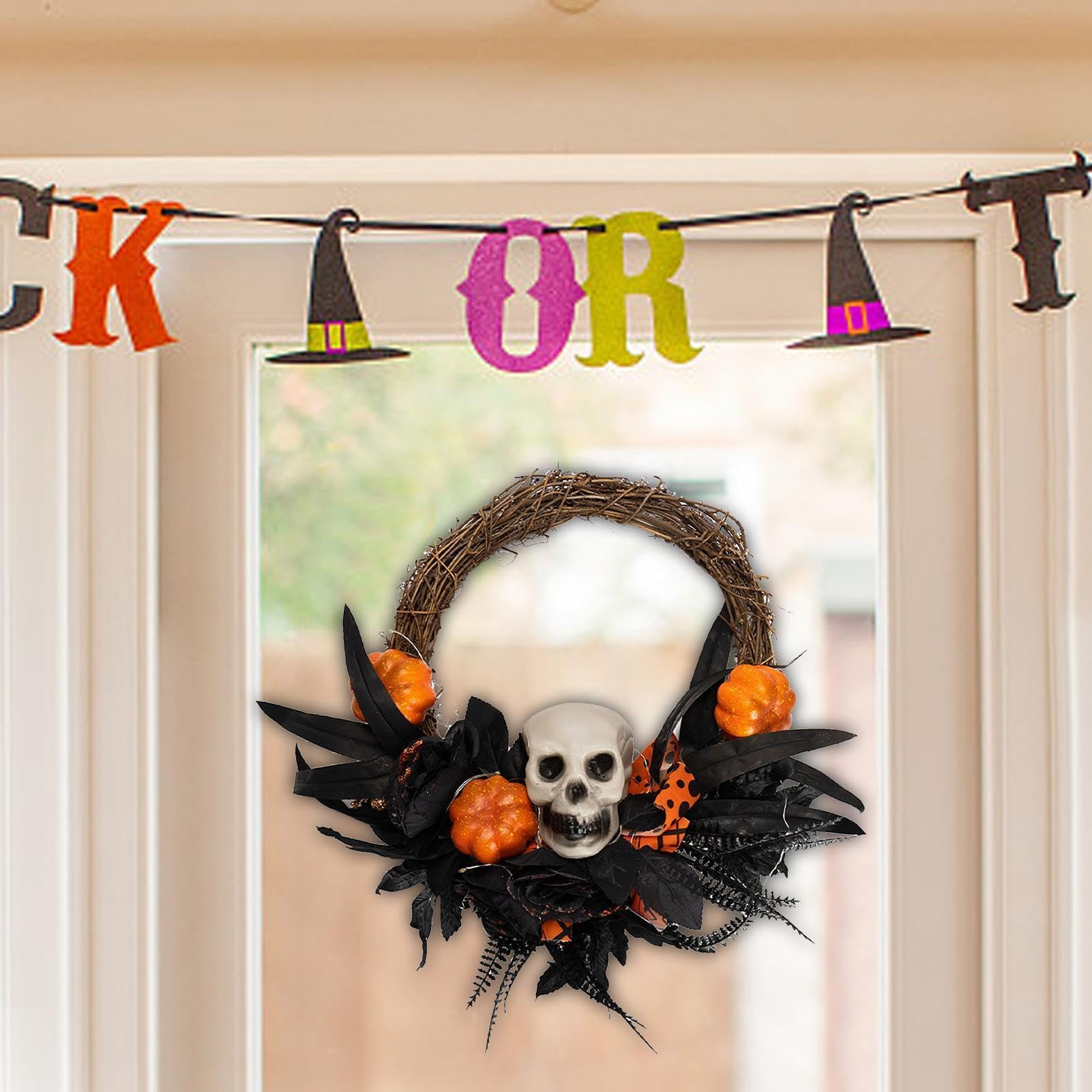 Wieńce halloweenowe na drzwi wejściowe światło LED przerażająca sztuczna kość czaszka