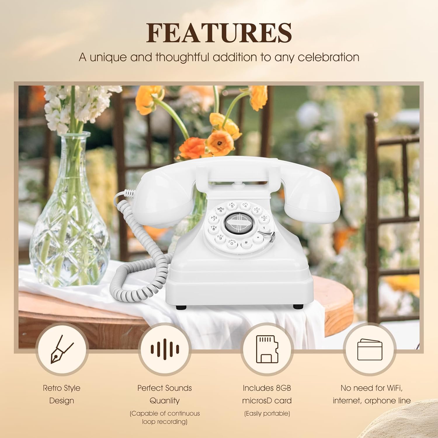 Audio Guest Book Wedding Phone,Audio GuestBook,Phone GuestBook,Bridal Shower Party Gifts, Vintage Guest Book Telephone Record Customized Voice Message for Your Wedding Party (Retro White)