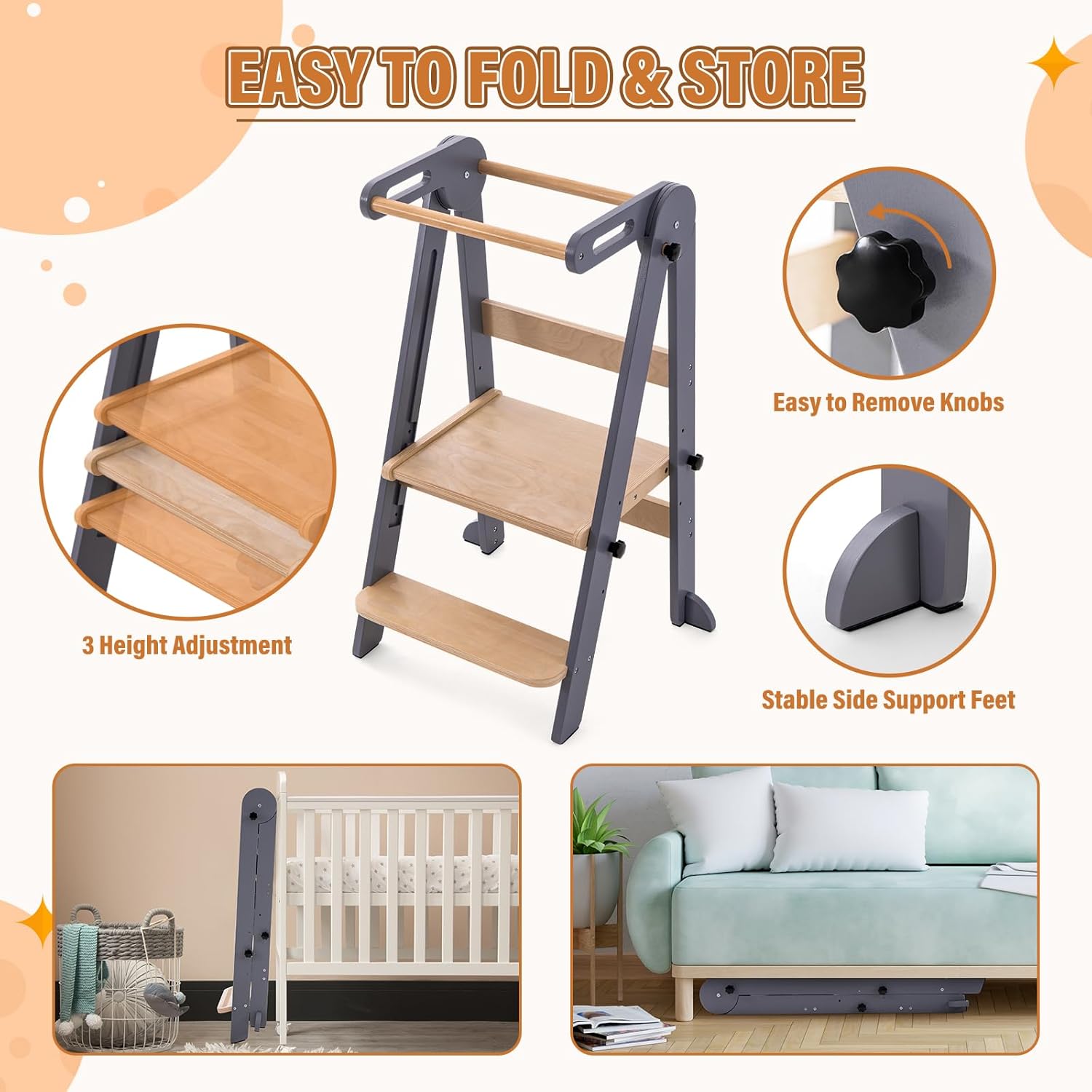 Foldable Toddler Kitchen Stool Helper - Adjustable Height Folding Toddler Standing Tower, Kids Helper Stool with Safty Rail for Kitchen Counter Bathroom (Grey)