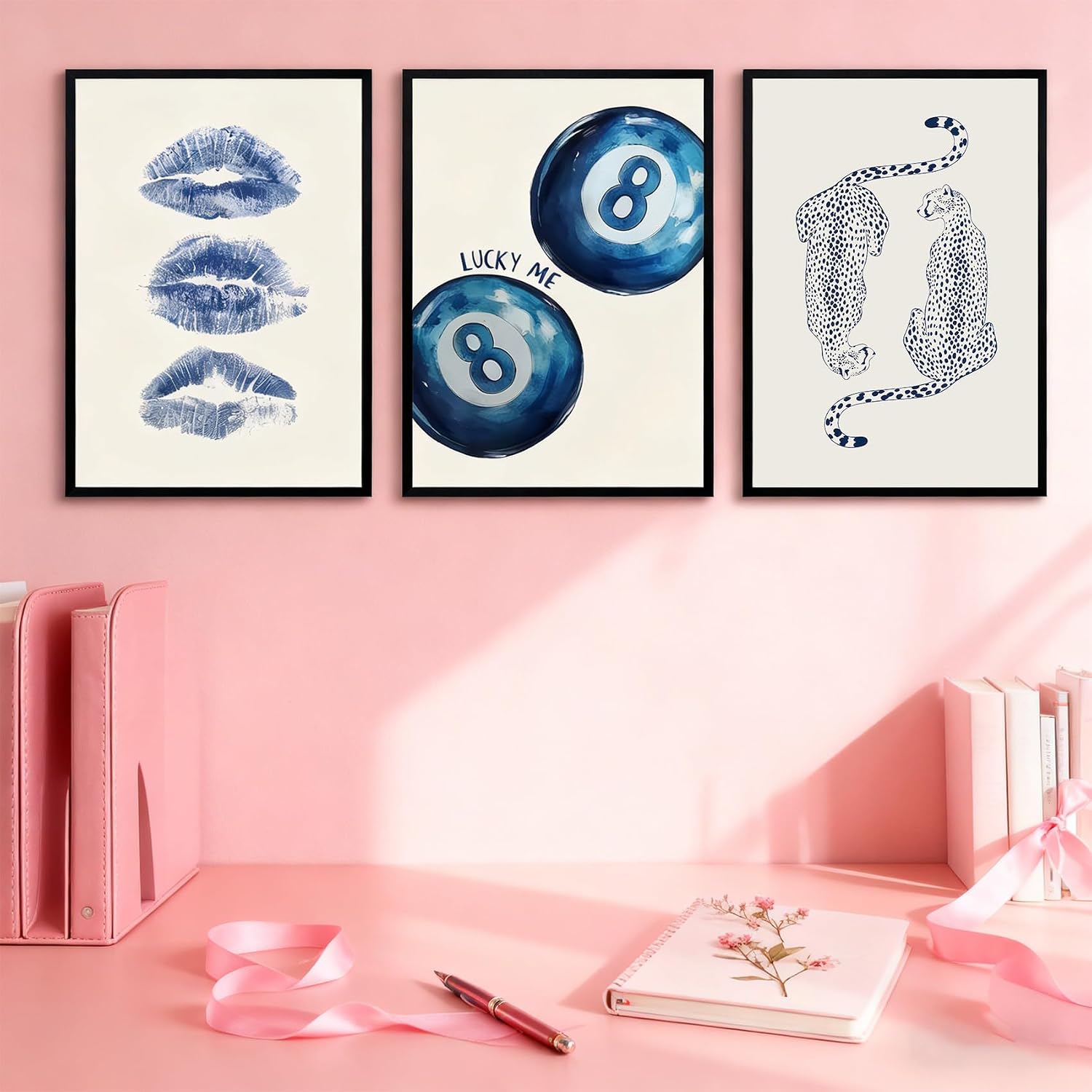 QIYFFBN Black Frame Trendy Preppy Wall Art Blue 8 Ball Canvas Wall Decor Y2K Leopard Prints Pictures for Teen Girly Room Dorm Funky Cheetah Girls Bedroom Aesthetic Artwork(12x16in x3 Pcs Framed)