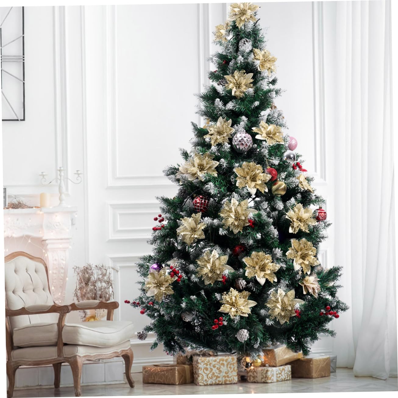 Alipis 12piezas Flores Poinsettia Brillantes para Decoración Navideña con Clips y Stems Adornos para Árbol De Navidad y Fiestas