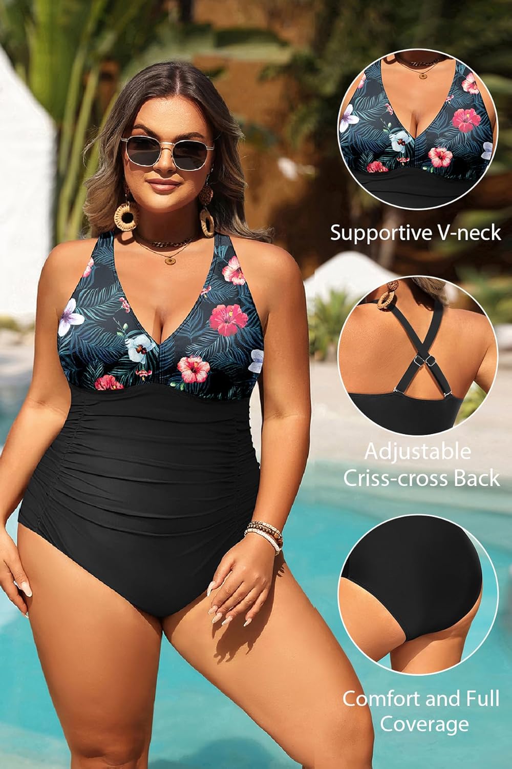Aqua Eve Women Plus Size One Piece Swimsuits V Neck Tummy Control Bathing Suits Retro Ruched Swimwear - Image 5