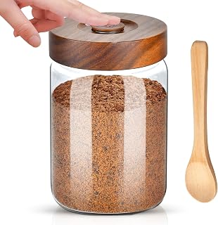 Glass Brown Sugar Keeper, Press-Down Brown Sugar Container with Wood Lid and Spoon, Airtight Food Storage Jar, 29ft oz/850ml