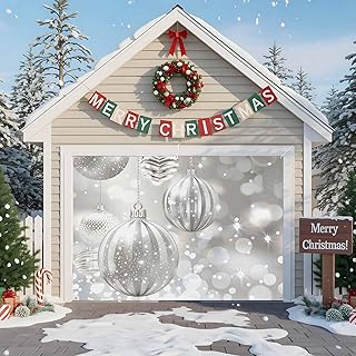Garage Door Cover Banner 7x8 Ft, Grey Christmas Balls Garage Door Decorations for Christmas/Thanksgiving, Xmas Balls Gray Large Hanging Backdrop Covers for Outdoor Holiday