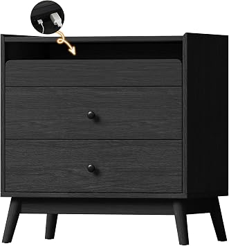 Nightstand with Hidden Charging Station, 24" Wide 2 Drawers Night Stand, Beside End Table with Pull-Out Shelf, Small Dresser Chest of Drawers for Bedroom, Black Wood Grain
