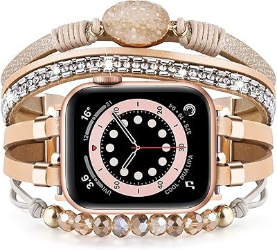 VISOOM Beaded Boho Bracelet Compatible for Apple Watch Band 40mm/38mm/41mm Series 8 7 SE Series 6/5/4 Women Leather Fashion Cute Handmade Multilayer Wrap Watch Strap for iWatch Bands 3/2/1 Replacement