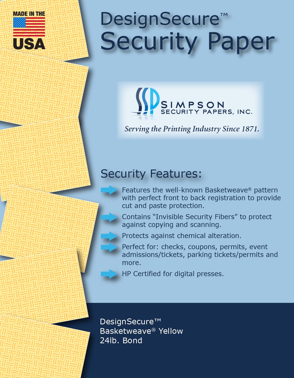 8.5 x 11 Simpson Security Papers DesignSecure Basketweave Yellow 24# Security Paper, 500 Sheets