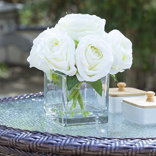 Miniatura 7 de Enova Floral - 7 rosas artificiales de seda con tallos grandes, arreglo de flores falsas en jarrón de cristal con agua sintética para decoración del