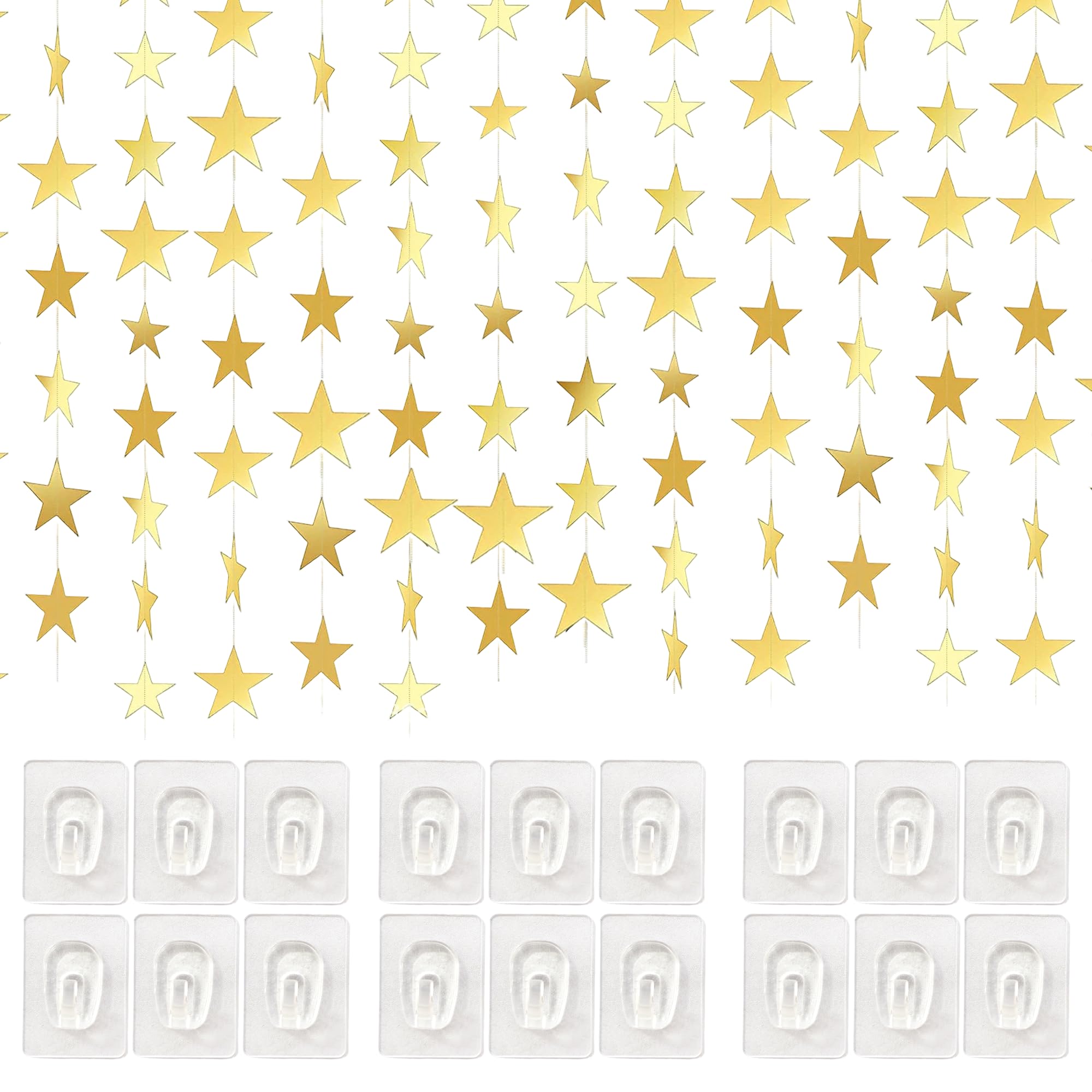 4 Packs Gold Mirror Star Garland with 18 Hooks for Party Decor