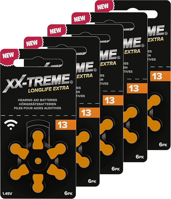 XX-Treme Longlife Extra Hearing Aid Batteries Type 13-30 Pieces Hearing Aid Batteries Designed for Highest Performance - Pack of 5 Blister Packs of 6 Hearing Aid Batteries - PR48 Colour Code Orange