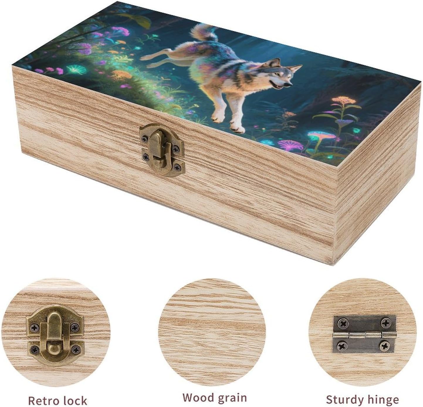 Wolf Novelty Wooden Keepsake Box with Lids Wood Storage Box with A Hinged Lid Decorative Boxes Table Large Rectangular Organizer Container for Jewelry Photos Craft image 3