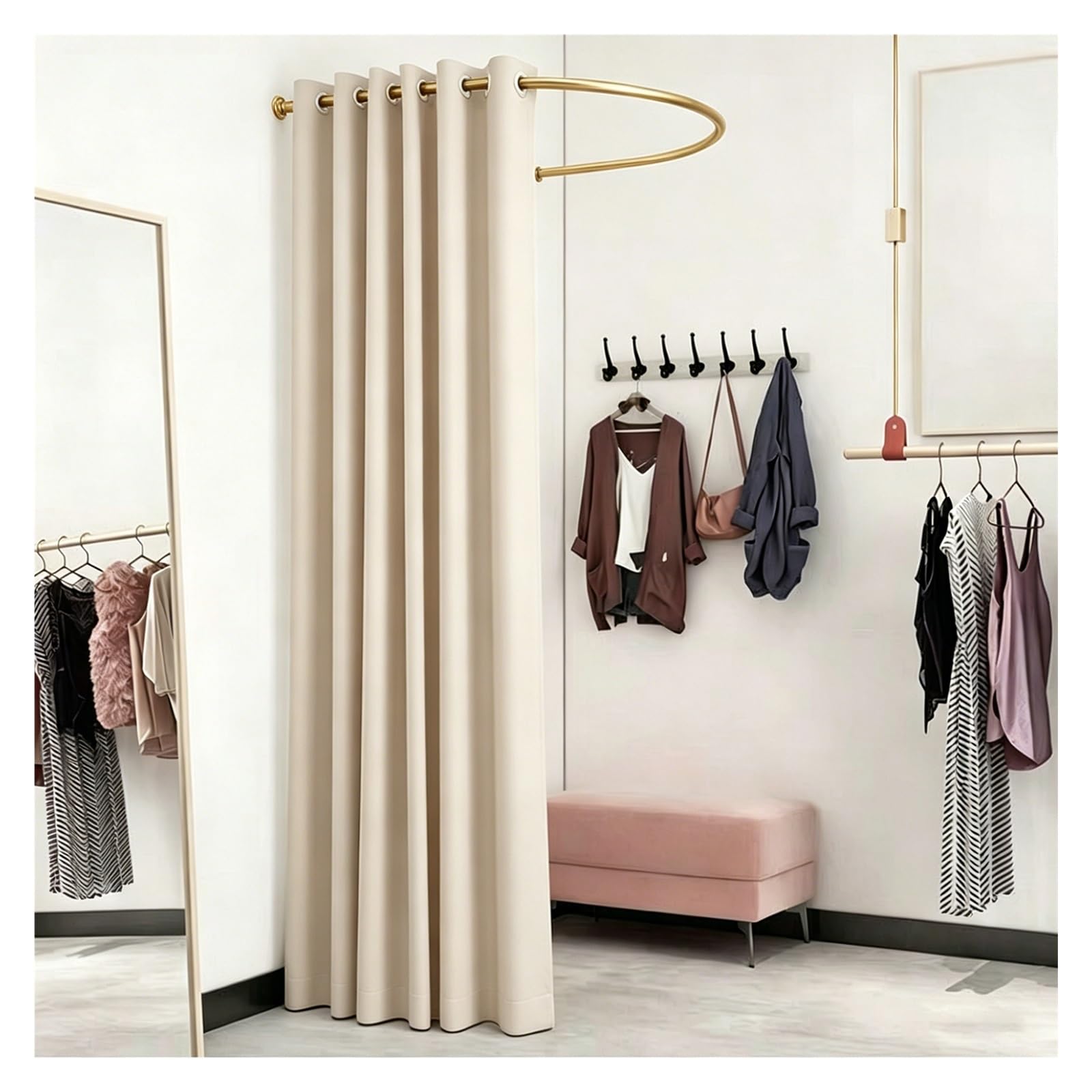 ZJKXJH U Shaped Fitting Room Curtain Rod with Blackout Curtain, Wall-mounted Changing Curtains for Small Spaces, Privacy Partition for Room Divider(Gold Rod+Beige Curtain,110cm/43.3in)