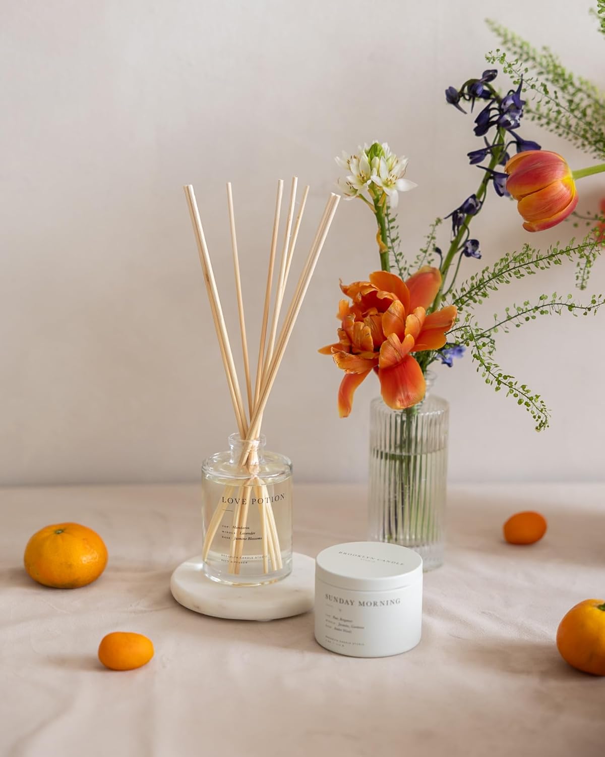 Brooklyn Candle Studio Reed Scent Diffuser - Love Potion - Relaxing Oil Diffuser, Jasmine, Lavender & Mandarin Fragrance, 8 Rattan Diffuser Reeds, Clean Ingredients - 3.7oz