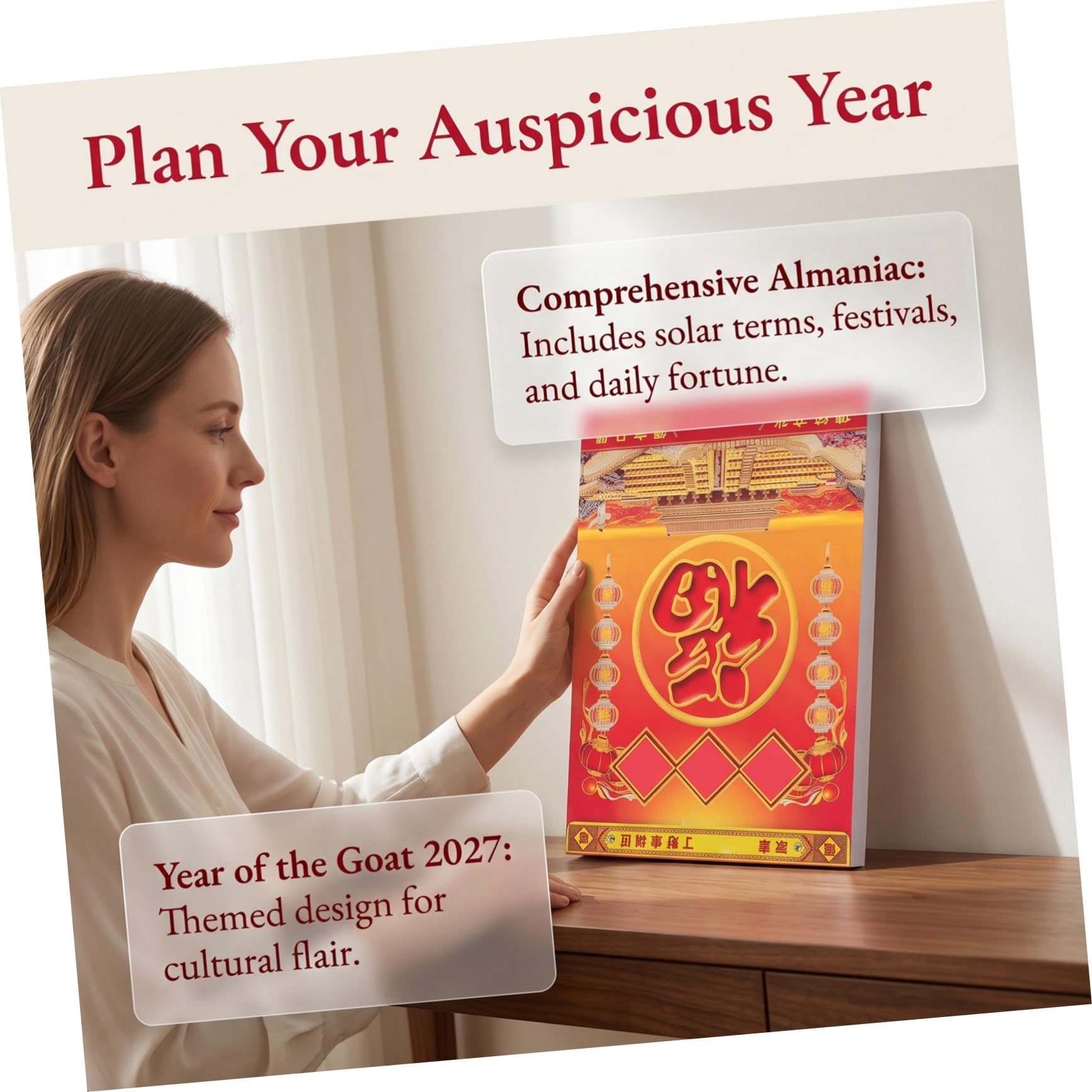 Chinesischer Mondkalender 2027 – Abreißbarer Wandkalender – Monatsplaner mit dem Tierkreiszeichen Ziege für Schule, Büro und akademische Termine (35 x 26 cm)