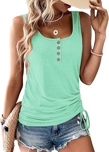 Womens U Neck Tank Tops Summer Sleeveless Loose Button Casual Henley Shirts - 70% off