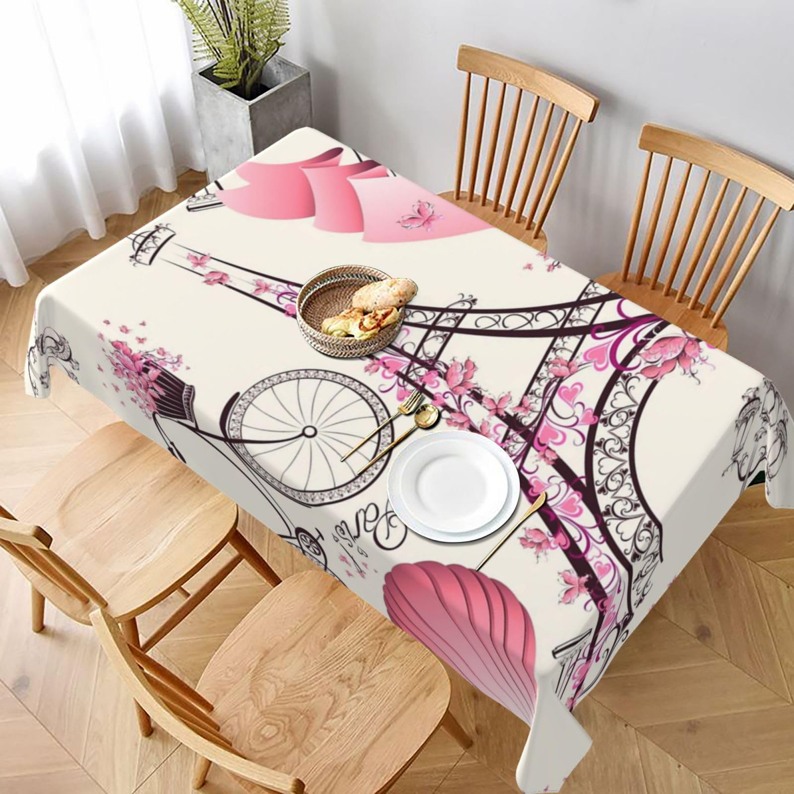BNVSADC Romantic Paris Eiffel Tower Bycicle Printed Rectangle Tablecloth 228x152 CM, Water Resistant Polyester Table Cloth Decorative Fabric Table Covers for Kitchen Dining Table Parties Camping
