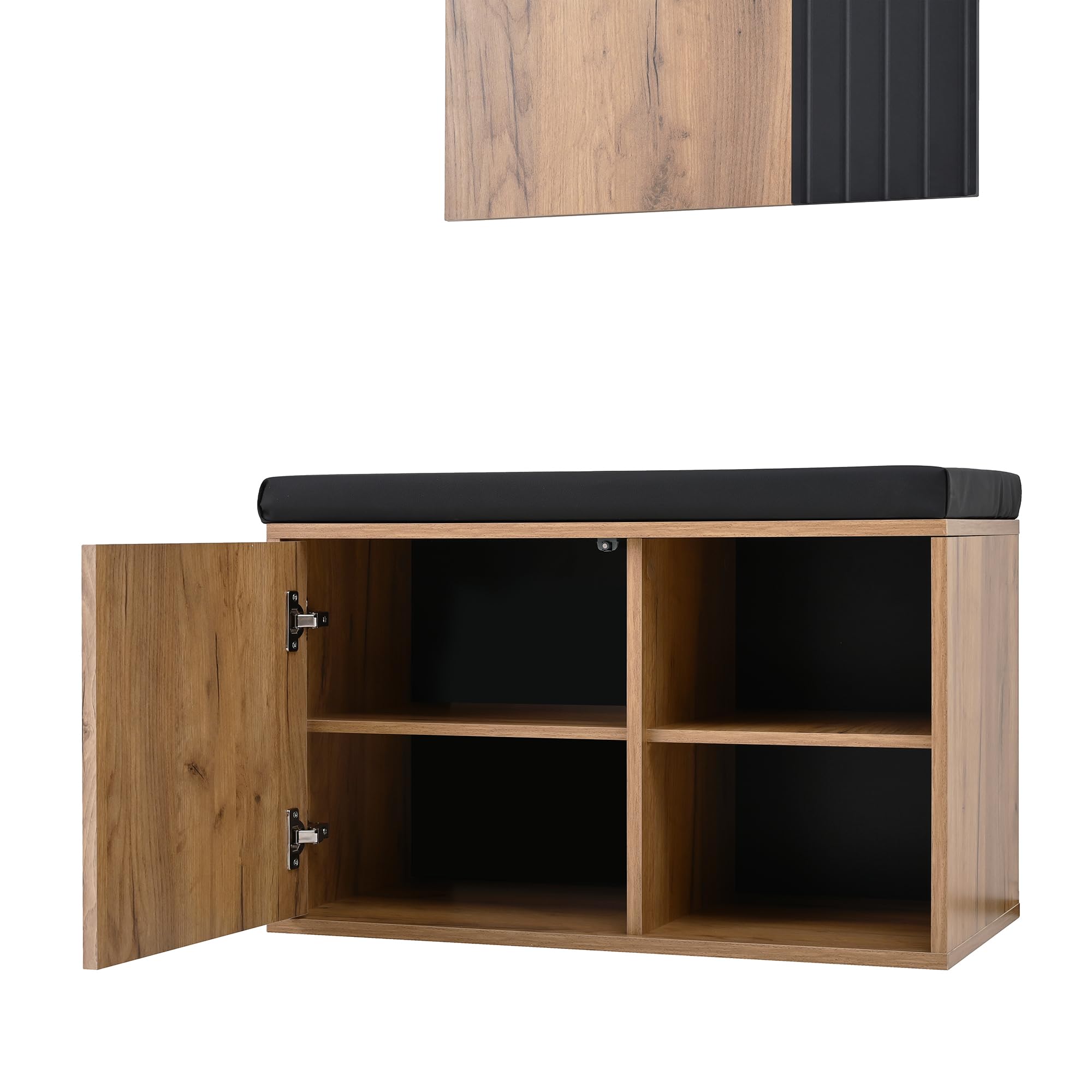 Merax Garderobenset mit Schuhbank, Schuhschrank mit 2 Türen, Flurmöbel mit Rückwand mit 3 Haken, Schwarz & Naturfarben, 70x36x146 cm