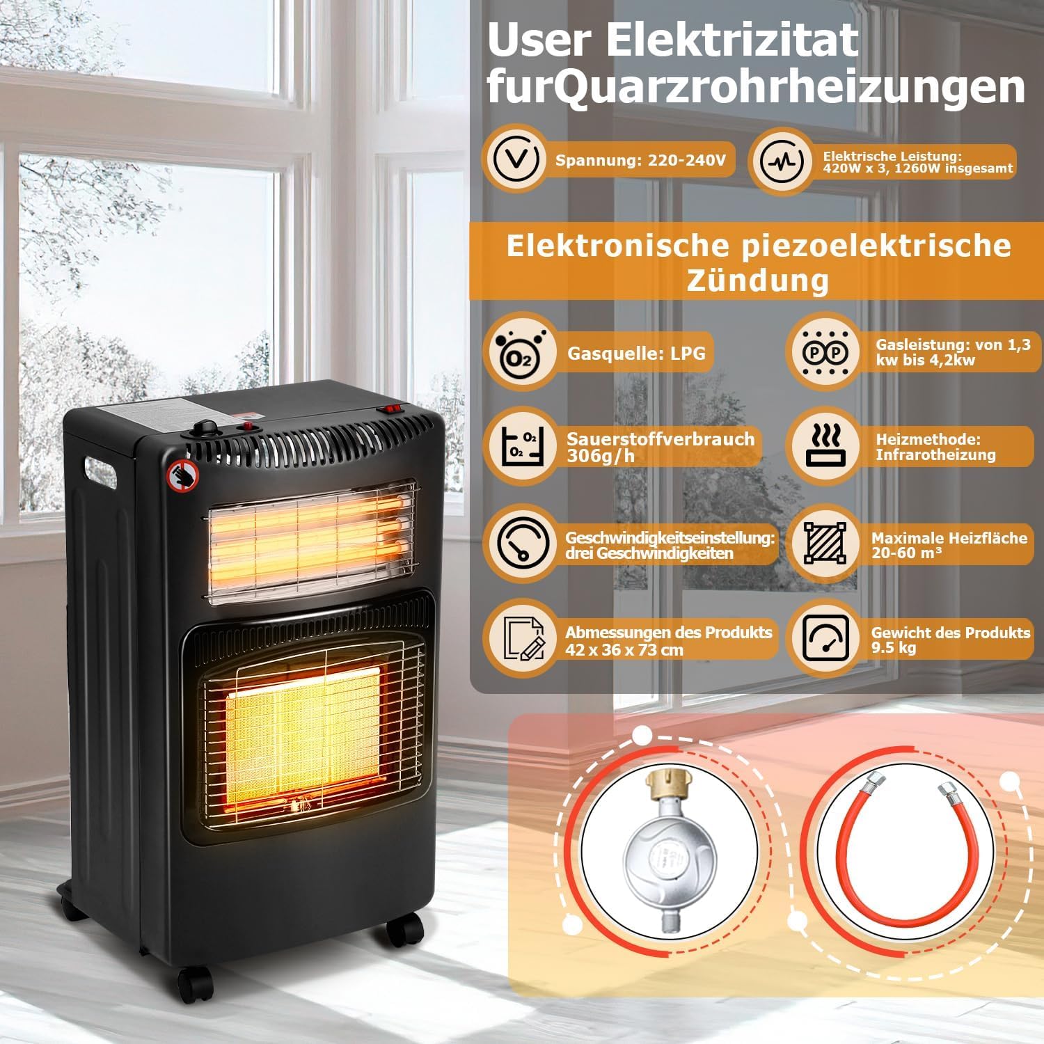 4200 Watt Gasheizung/Stromheizung Hybrid inkl. Gasdruckregler-Set | drinnen & draußen (Gasheizer nur draußen) | Heizstrahler für Butan- und Propangasflaschen bis 11kg | Stromanschluss